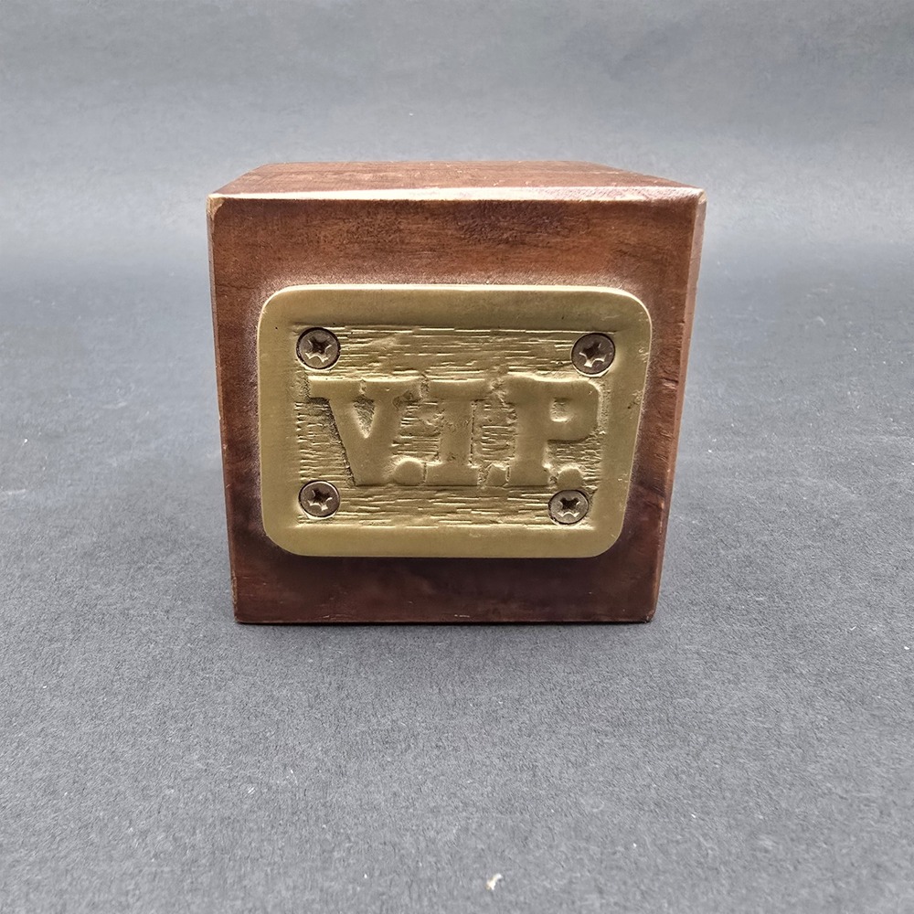 Vintage VIP Wood Paperweight Brass Plaque Desk Accessory Decor 1983 Enesco